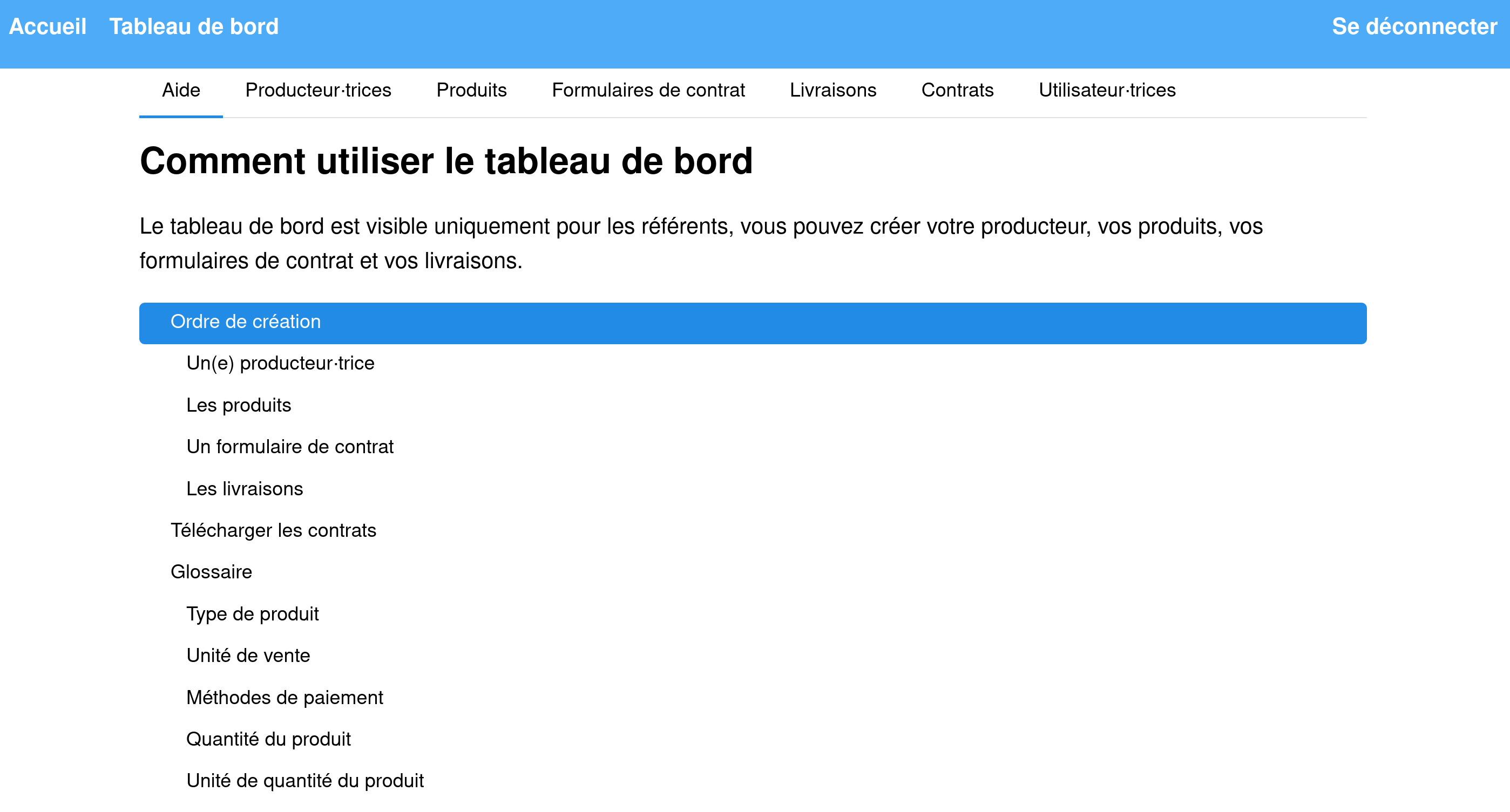 La page d'accueil pour les référents.
