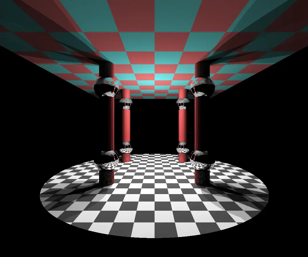 Rendu du raytracer2 : quatre cylindres rouges, quatre sphères réfléchissantes, deux plans quadrillés.