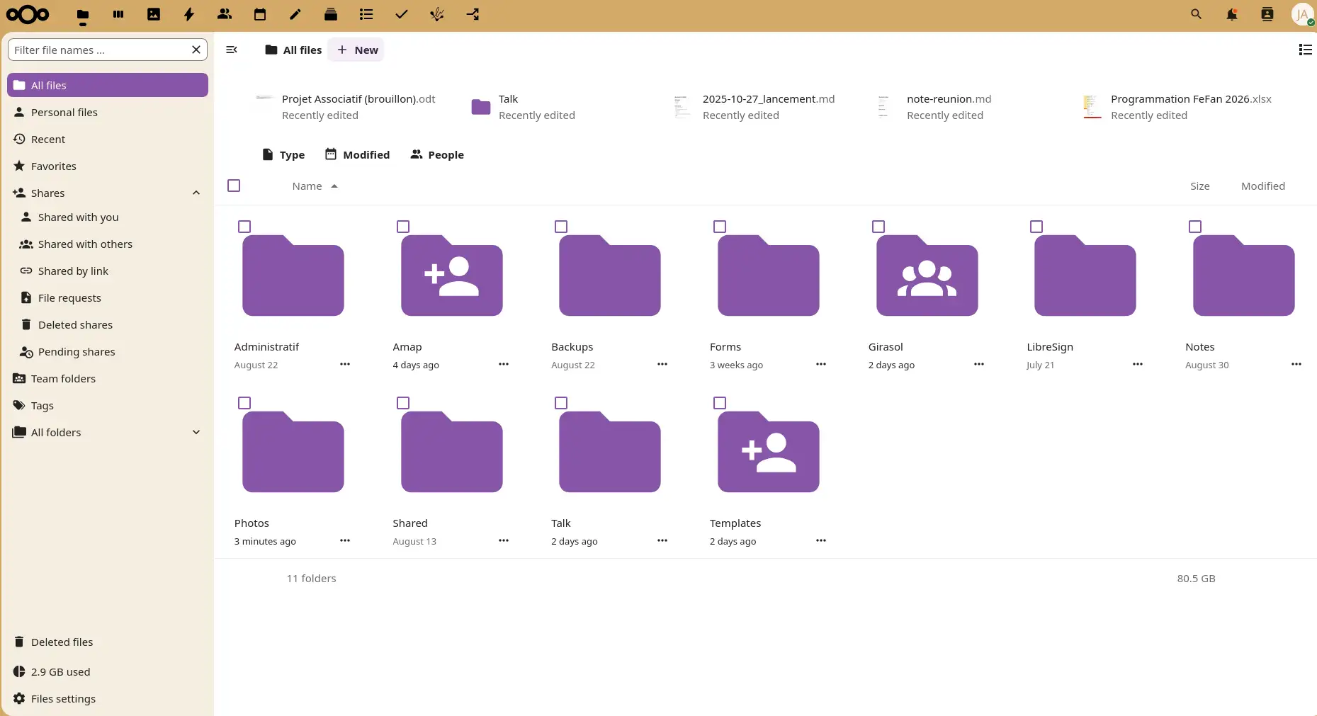 Page d'accueil du nextcloud.